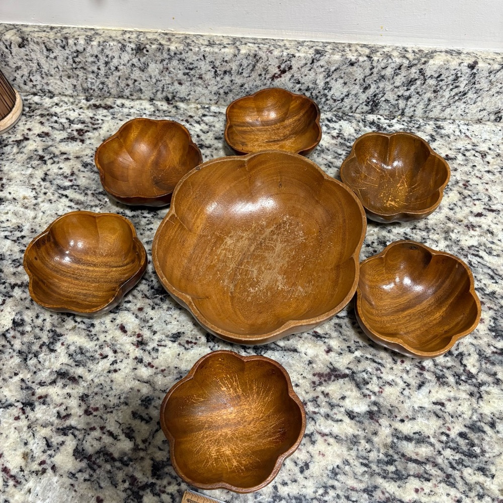 Monkey Pod Wood Salad Bowl Set -Large Bowl & 6 Small Bowls - Vintage Mid Century